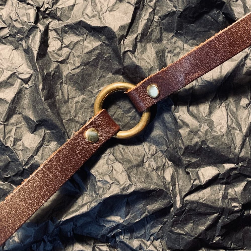 JAKIMAC Brown Leather Gold Brass O Ring Choker Necklace Goth Punk Burlesque